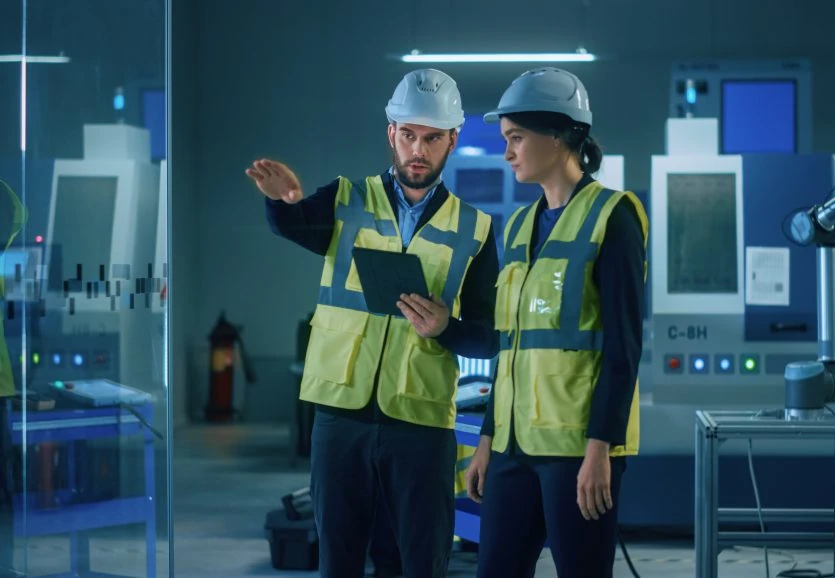 Inbetriebnahme_ingenious Mann und Frau mit gelber Warnweste und Schutzhelm bei Inbetriebnahme | ingeniou.s