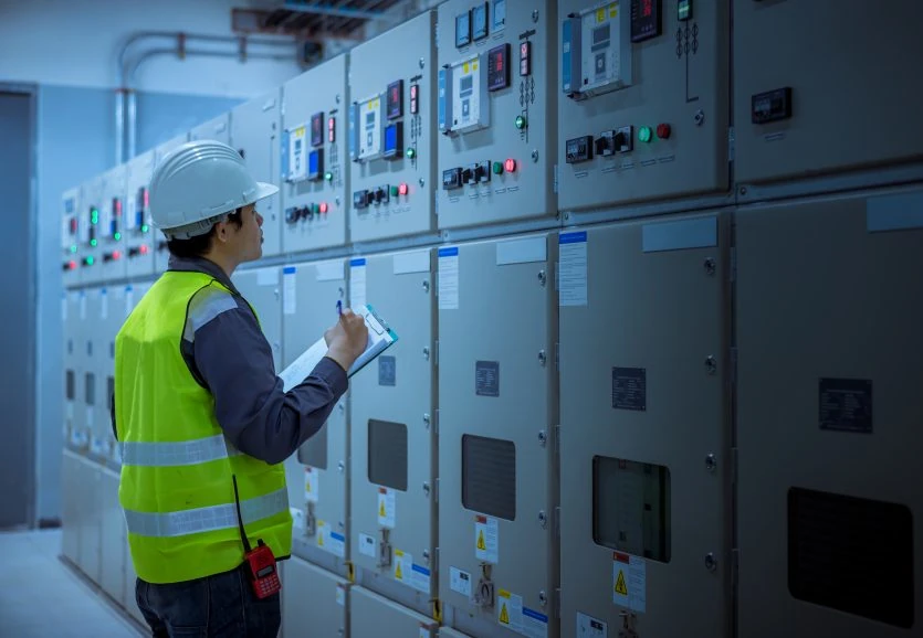 Schaltanlagenbau_ingenious Ingenieur mit gelber Weste an Schaltanlage | ingeniou.s